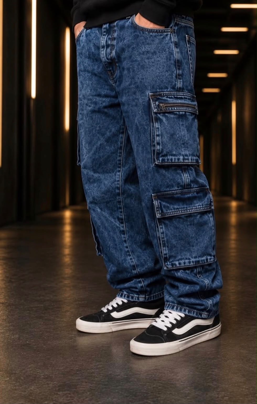 Jeans Cargo Baggy En Denim Azul Clásico