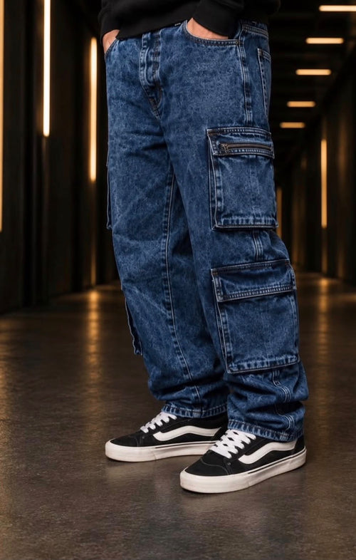 Jeans Cargo Baggy En Denim Azul Clásico
